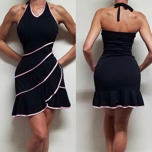 90s Vintage Black Stretchy Knit Pink Satin Trim Asymmetric Ruffled Mini Dress